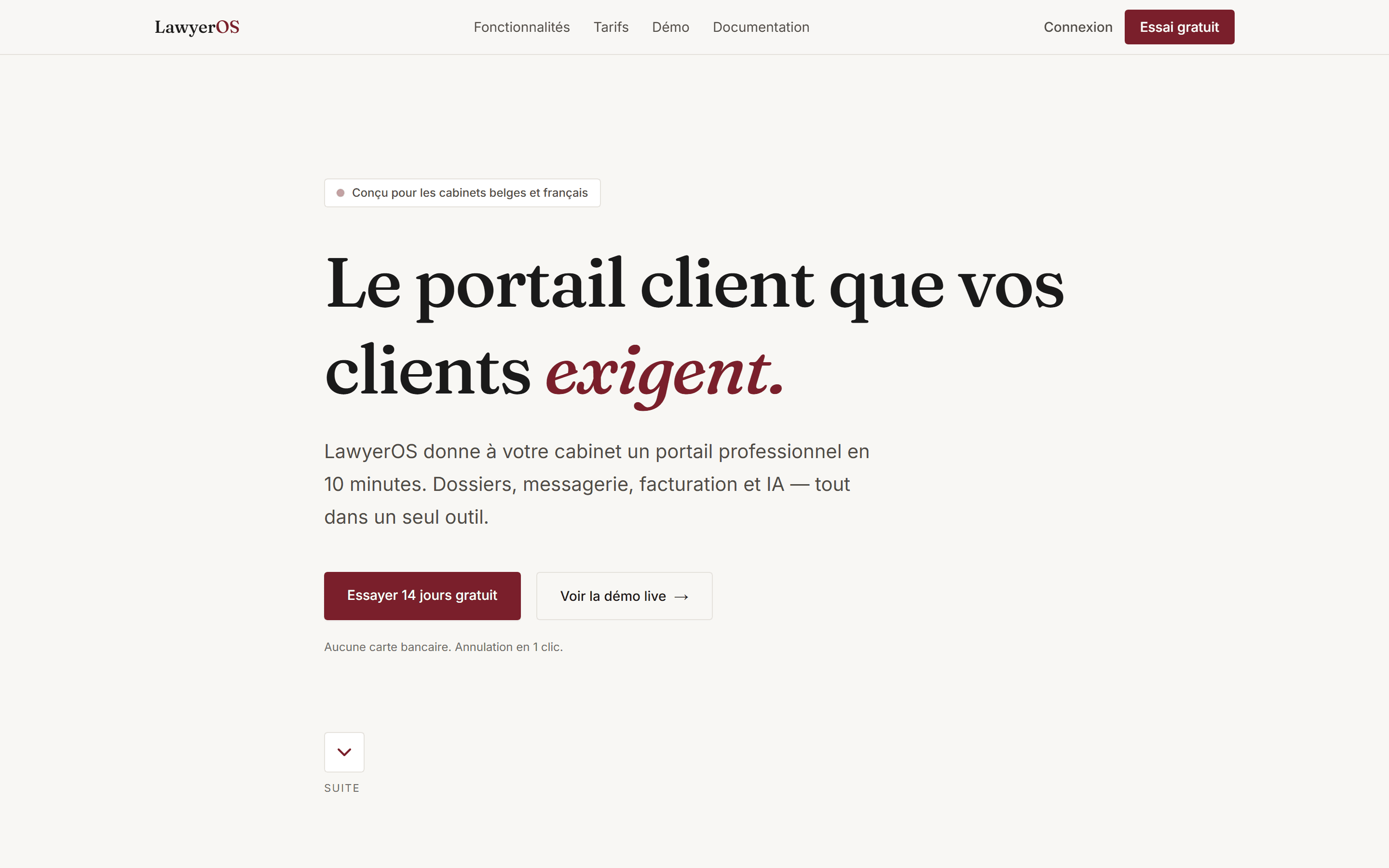 Page d'accueil LawyerOS — hero
