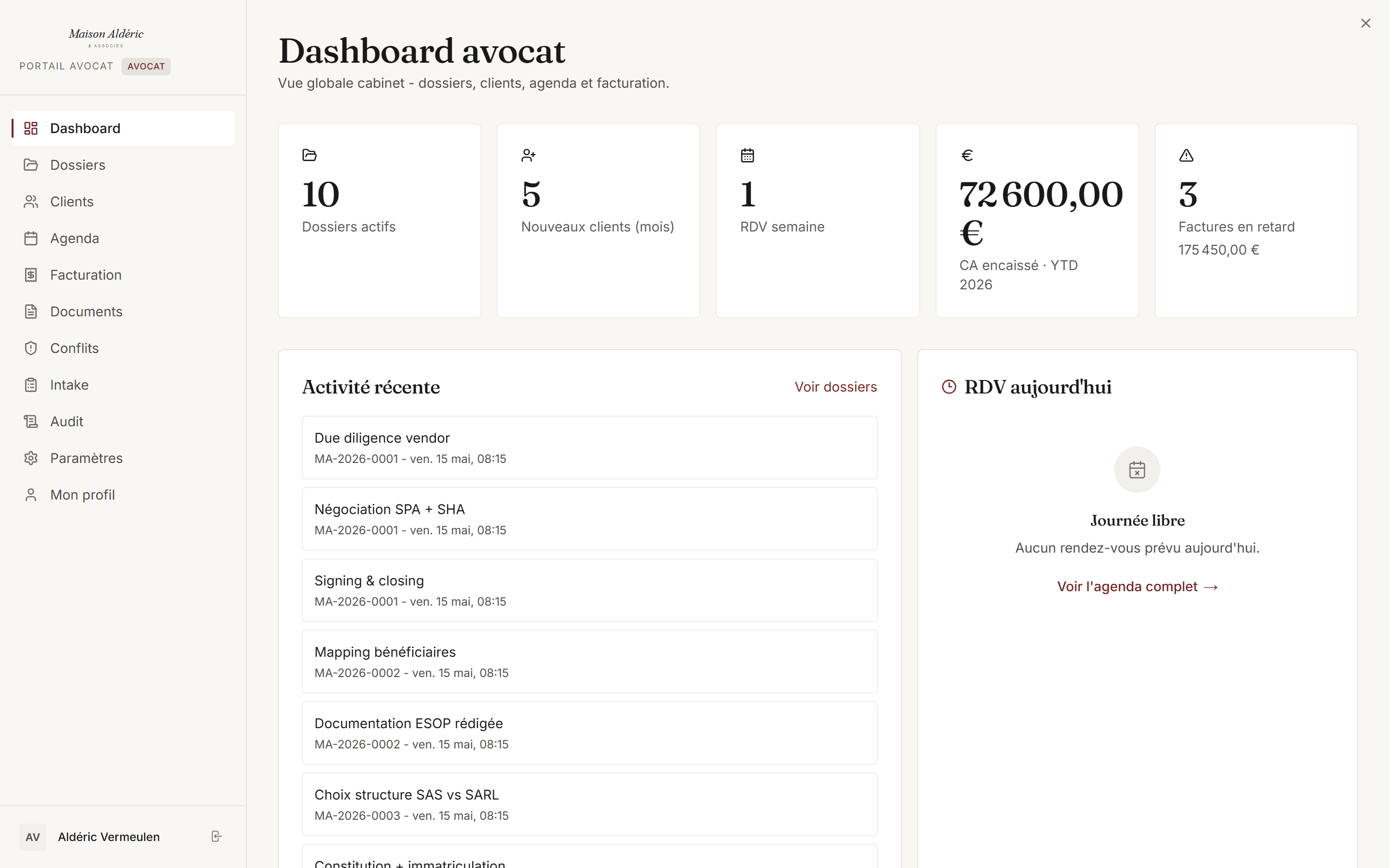 Portail avocat — tableau de bord