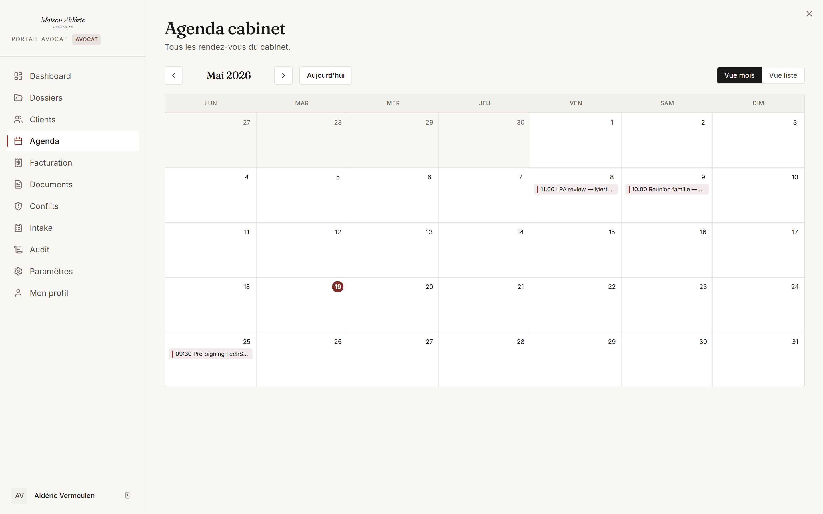 Portail avocat — agenda